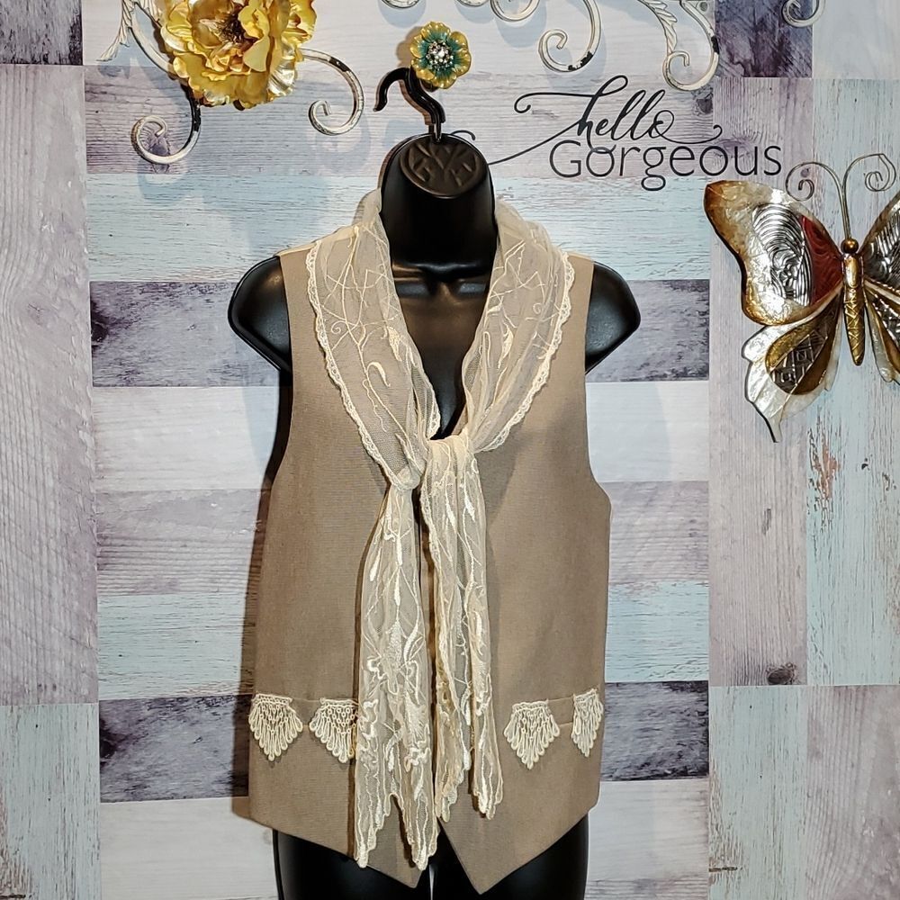 Handcrafted Upcycled Tweed Vest With Lace Scarf & Trim, Sz M?